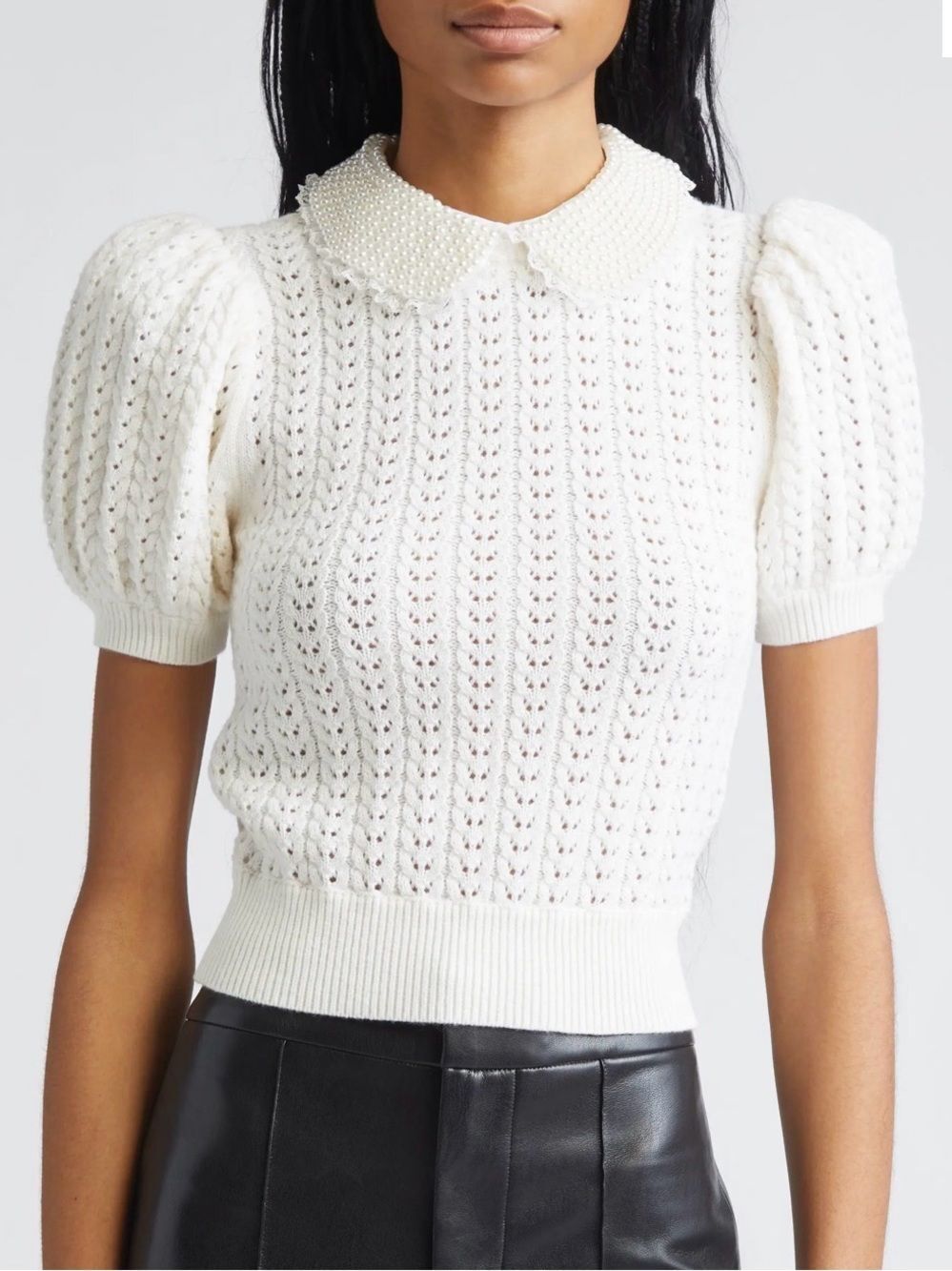 ALICE & OLIVIA Darling Pearl-Collar Puff Shoulder Beautiful Knit Sweater L NWT!!
